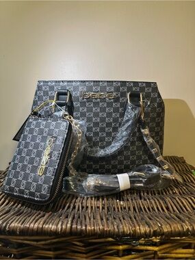 bebe Black Monogram Satchel with Matching Wallet